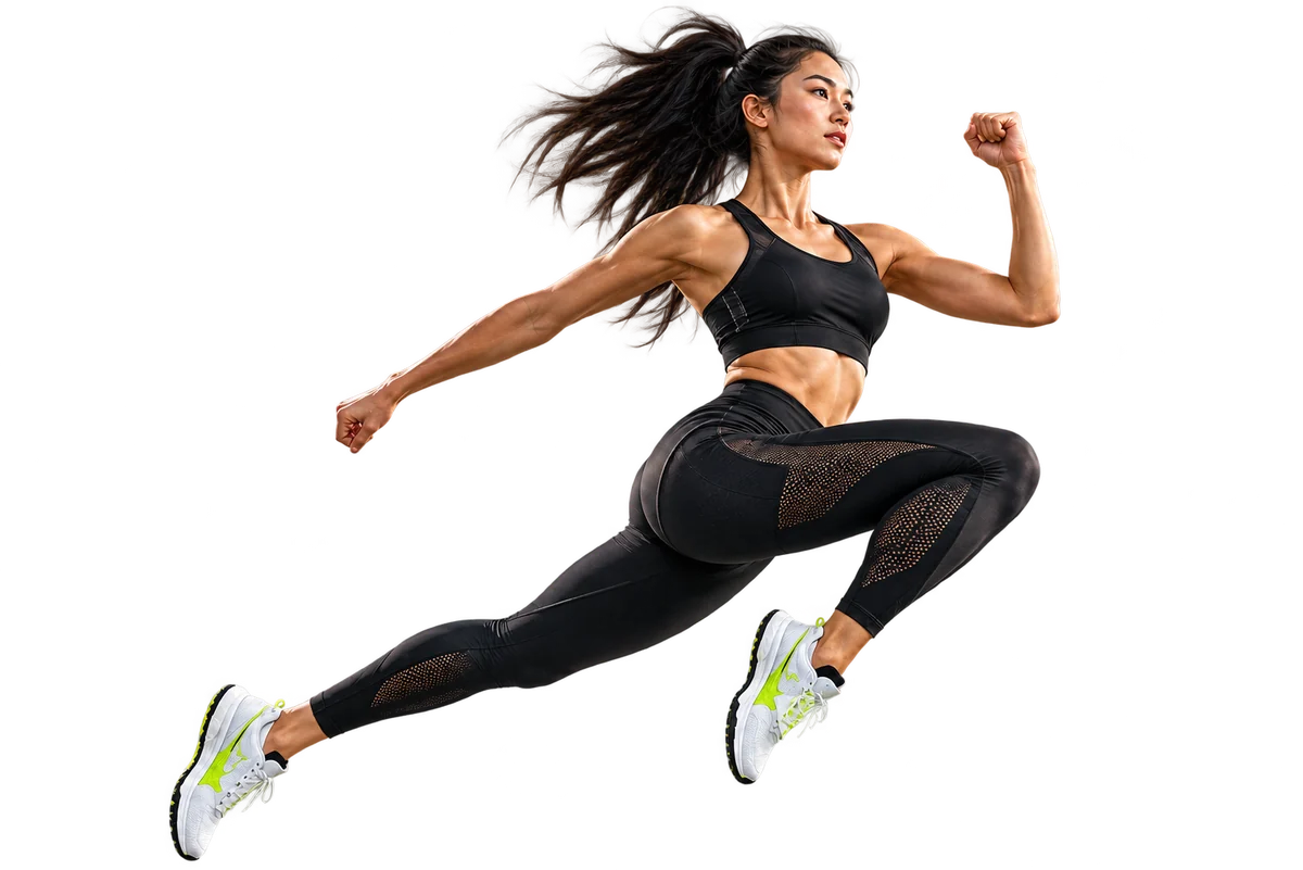 Woman athlete sprinting in a powerful leap