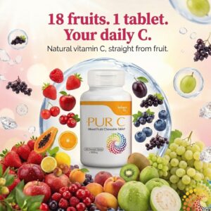 Pur C natural vitamin C supplement bottle with 18 fruits